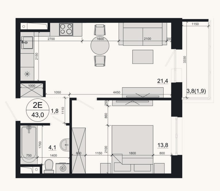 Планировка: 2-к, 41,1 м²