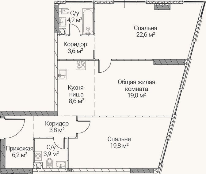 Планировка: 3-к, 91,7 м²