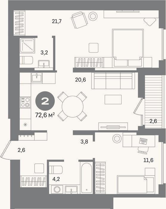 Планировка: 2-к, 70 м²