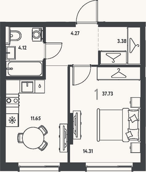 Планировка: 1-к, 37,7 м²