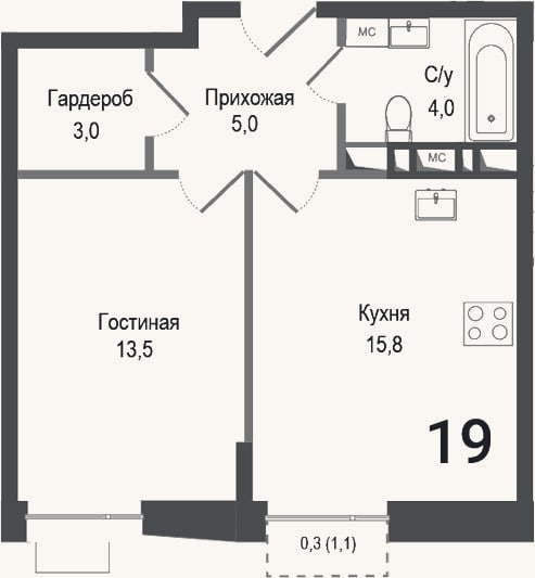Планировка: 1-к, 41,1 м²