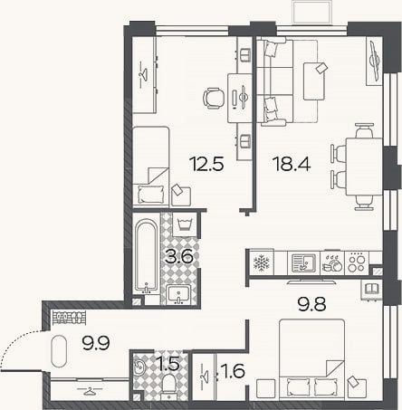 Планировка: 3-к, 57,3 м²