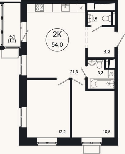 Планировка: 2-к, 52,8 м²
