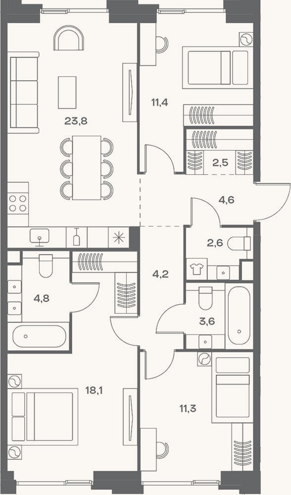 Планировка: 4+ к, 86,9 м²