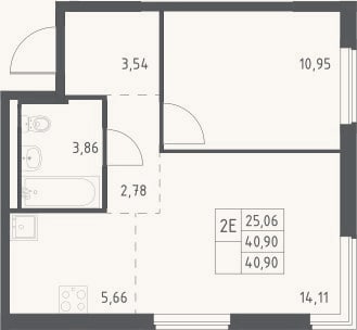 Планировка: 2-к, 40,9 м²