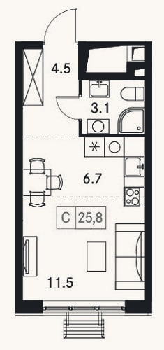 Планировка: Студия, 25,8 м²