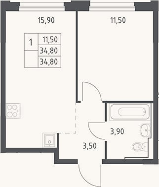 Планировка: 2-к, 34,8 м²