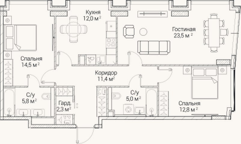 Планировка: 3-к, 87,4 м²