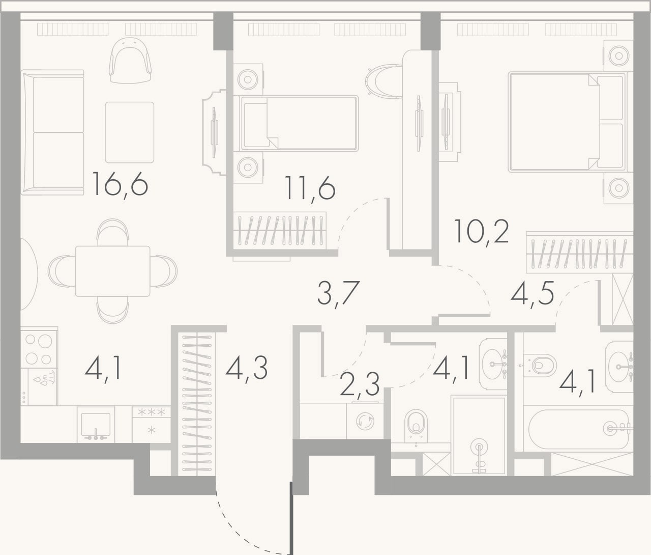 Планировка: 3-к, 63,8 м²