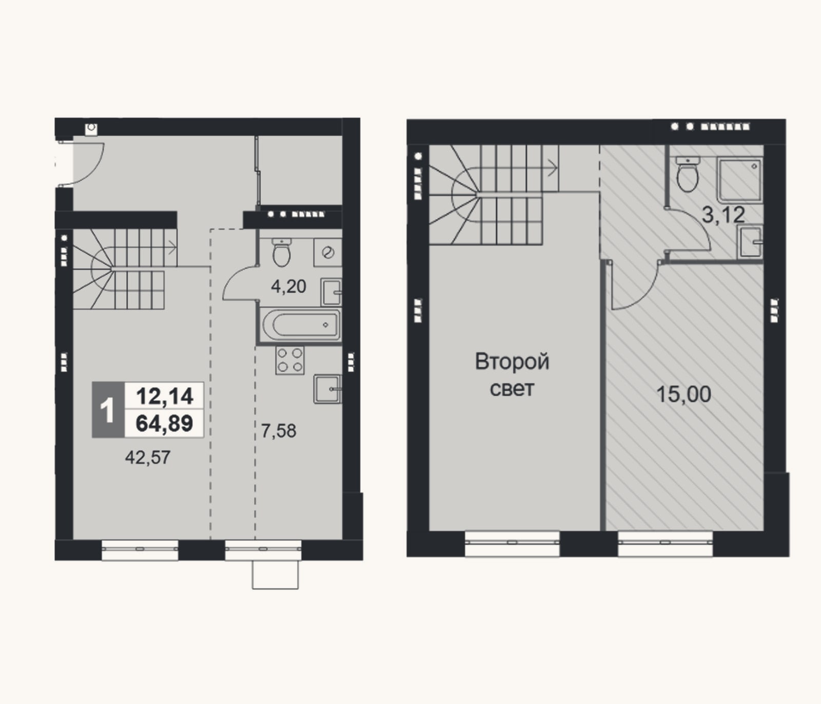 Планировка: 2-к, 64,9 м²