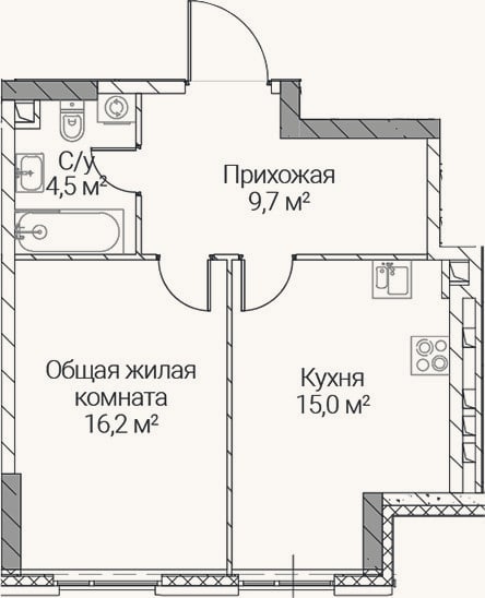 Планировка: 1-к, 45,4 м²