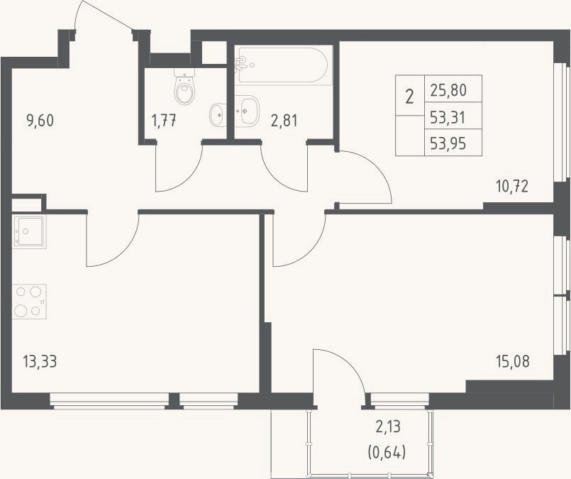 Планировка: 2-к, 53,3 м²