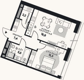 Планировка: 1-к, 47,5 м²