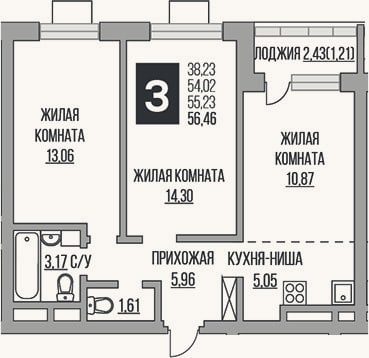 Планировка: 3-к, 54 м²