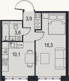 Планировка: 1-к, 33,9 м²