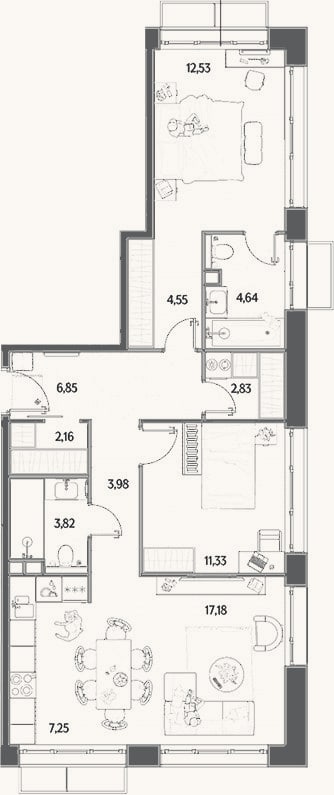 Планировка: 3-к, 77,1 м²
