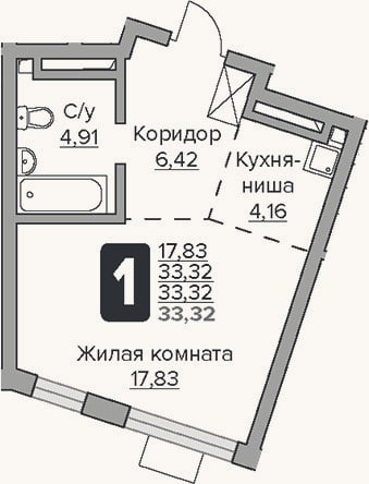 Планировка: Студия, 33,3 м²