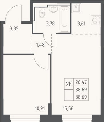 Планировка: 2-к, 38,7 м²