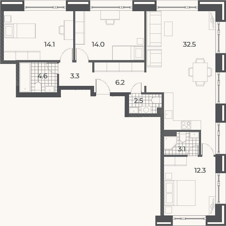 Планировка: 4+ к, 90,5 м²