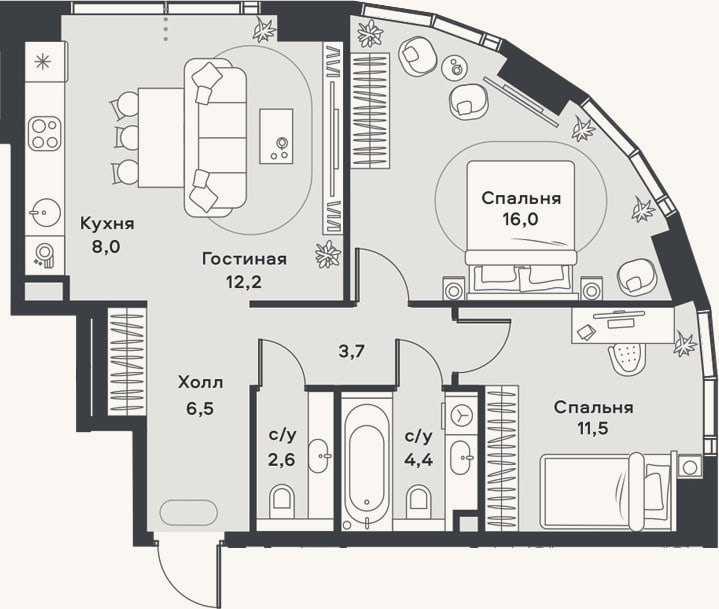Планировка: 3-к, 64,9 м²
