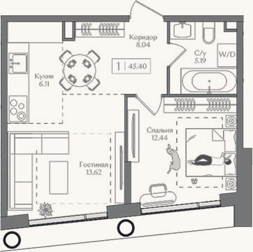 Планировка: 2-к, 45,4 м²