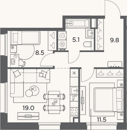 Планировка: 2-к, 53,9 м²