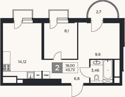 Планировка: 2-к, 42,9 м²