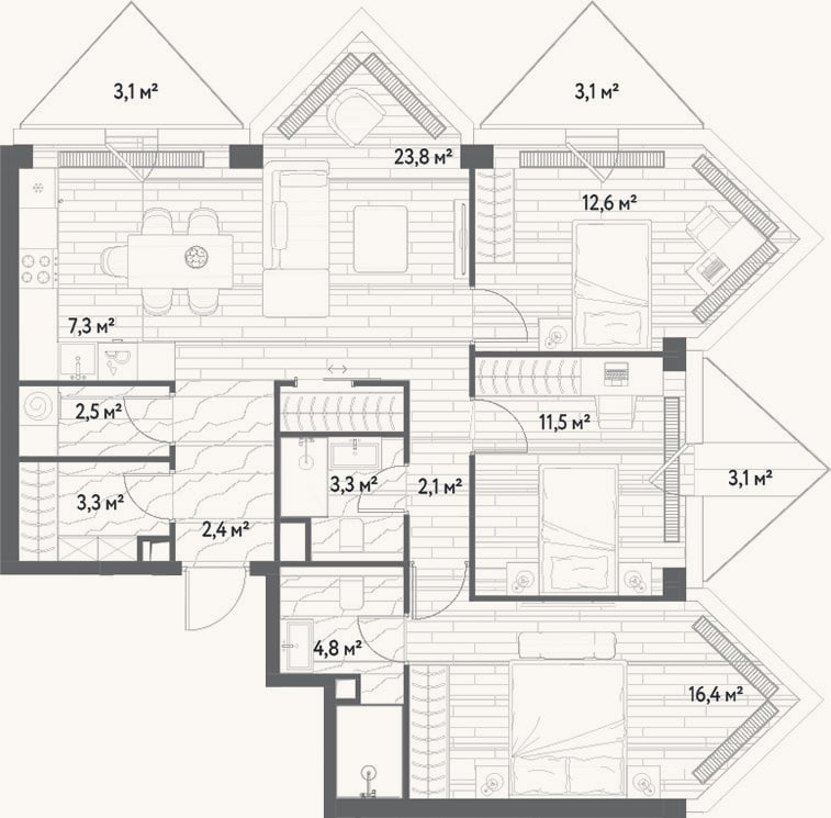 Планировка: 4+ к, 91,3 м²