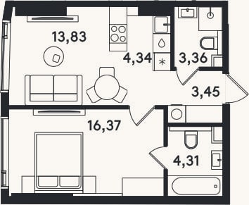 Планировка: 2-к, 45,7 м²