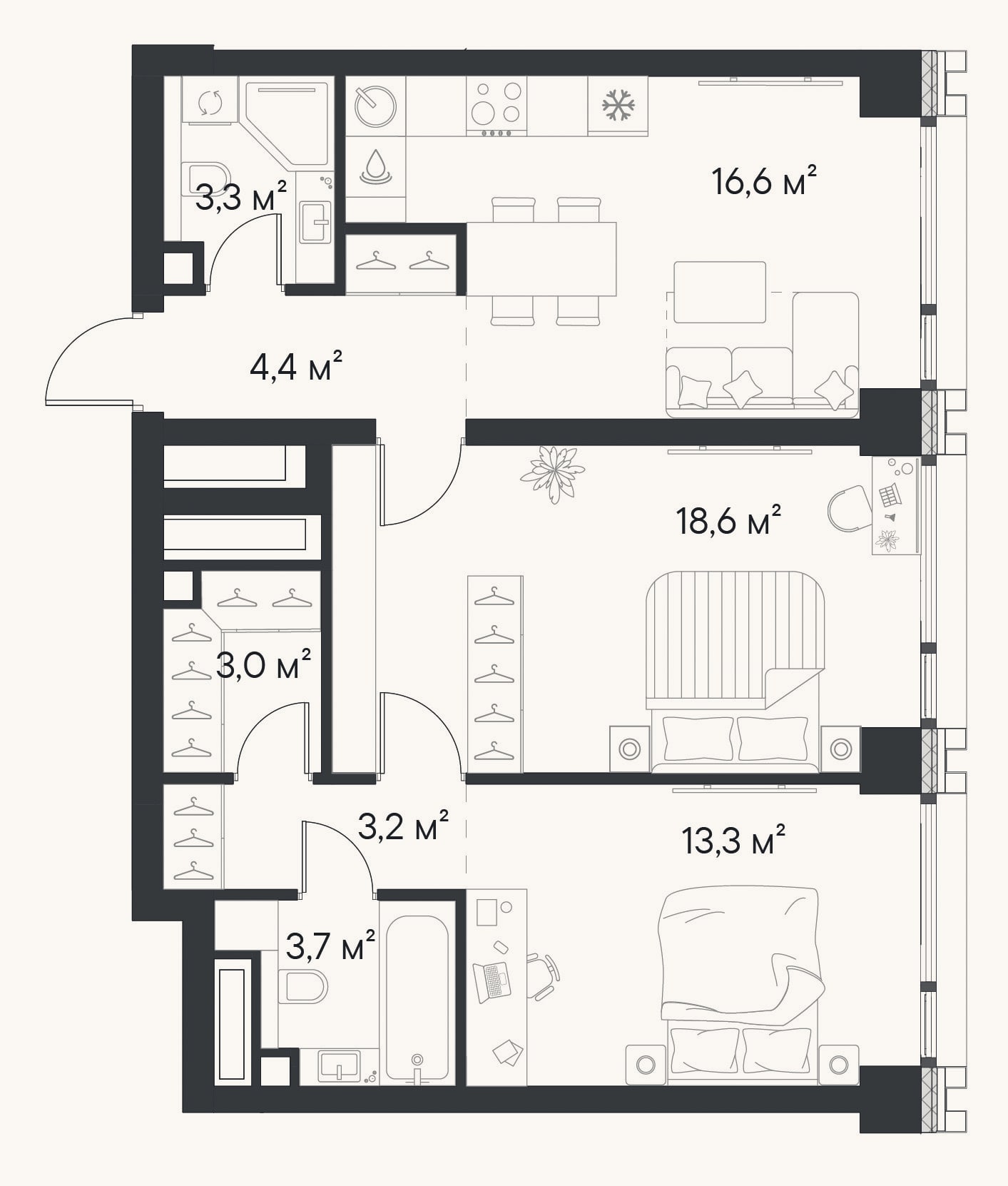 Планировка: 2-к, 66,1 м²