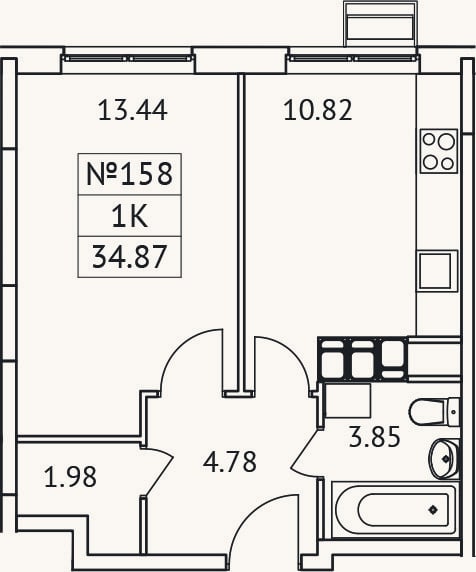 Планировка: 1-к, 34,9 м²