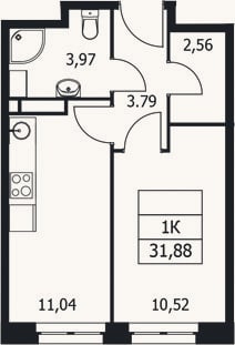 Планировка: 1-к, 31,9 м²