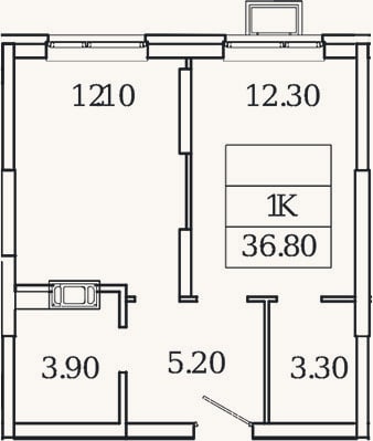Планировка: 1-к, 36,8 м²