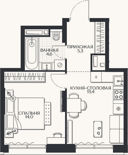 Планировка: 1-к, 37,3 м²