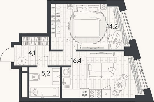 Планировка: 1-к, 39,9 м²