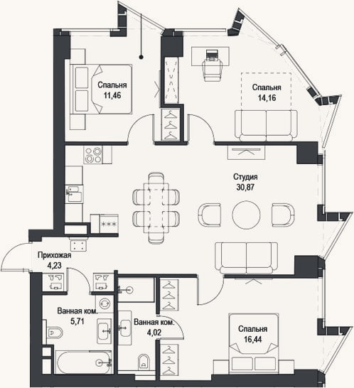 Планировка: 4+ к, 86,9 м²