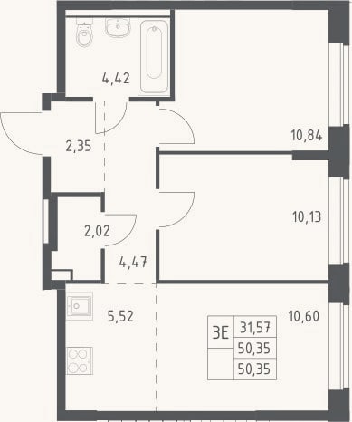 Планировка: 3-к, 50,4 м²