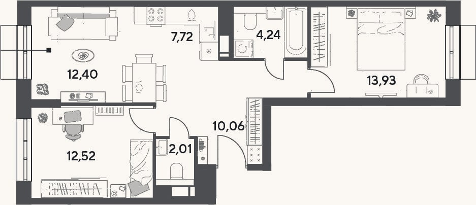Планировка: 3-к, 62,9 м²