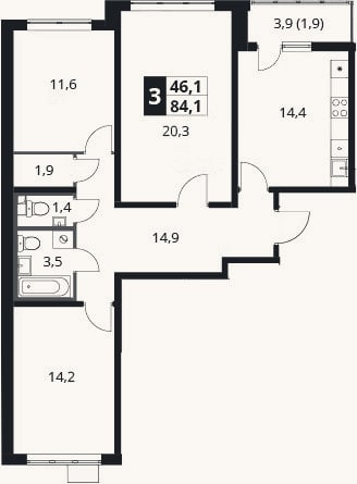 Планировка: 3-к, 82,2 м²