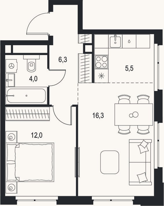 Планировка: 2-к, 44,1 м²