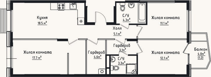 Планировка: 3-к, 79,7 м²