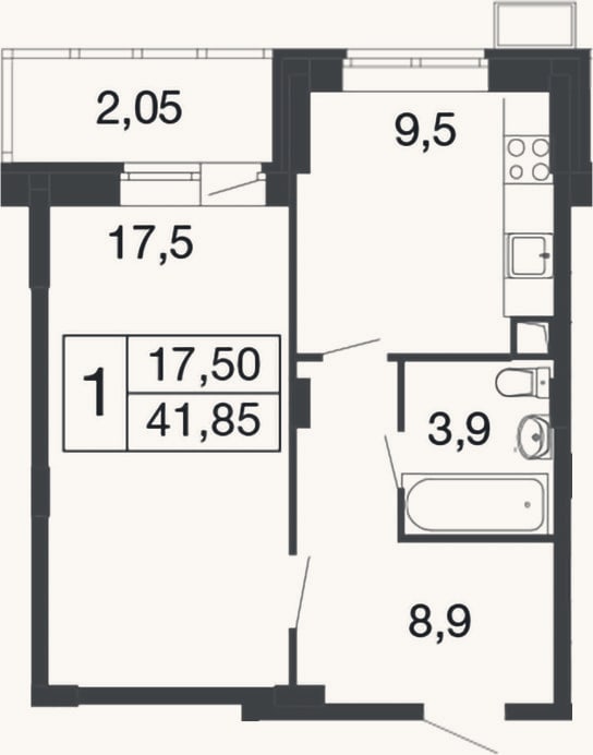 Планировка: 1-к, 39,8 м²