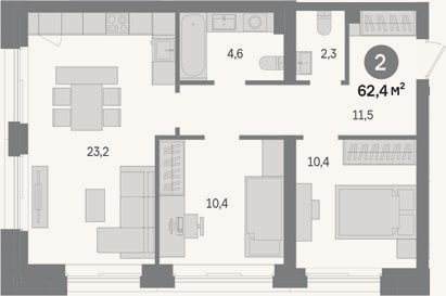 Планировка: 2-к, 62,4 м²