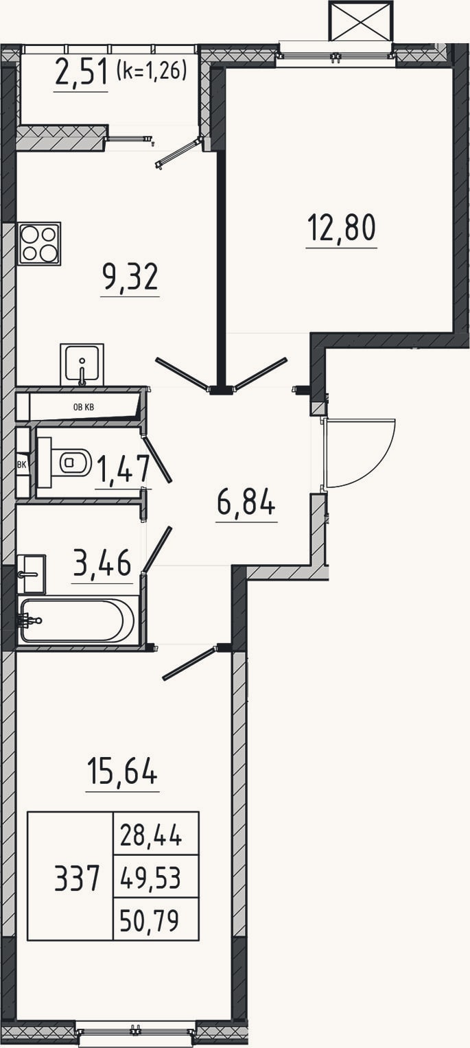 Планировка: 2-к, 49,5 м²