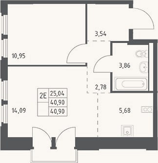 Планировка: 2-к, 40,9 м²