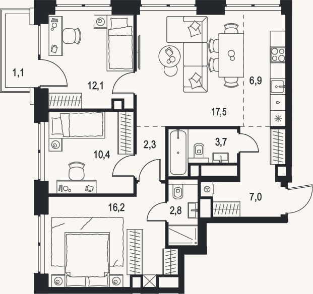 Планировка: 4+ к, 78,9 м²