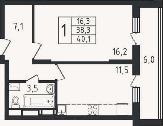 Планировка: 1-к, 37,2 м²
