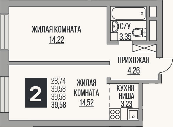 Планировка: 2-к, 39,6 м²