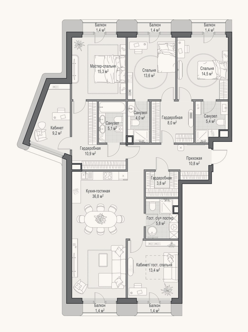 Планировка: 4+ к, 156,5 м²