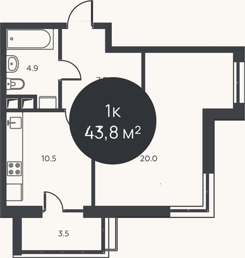 Планировка: 1-к, 42,7 м²